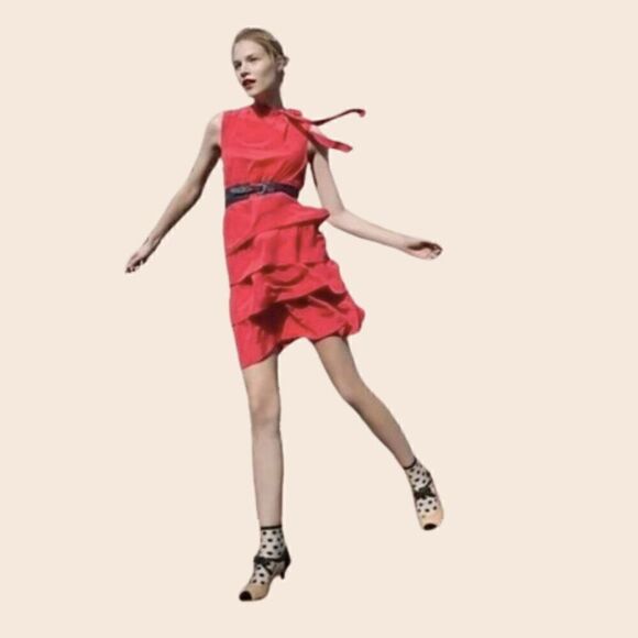 Anthropologie Girls From Savoy Ruffled Oska Red Silk Dress Size 6 - Picture 1 of 16